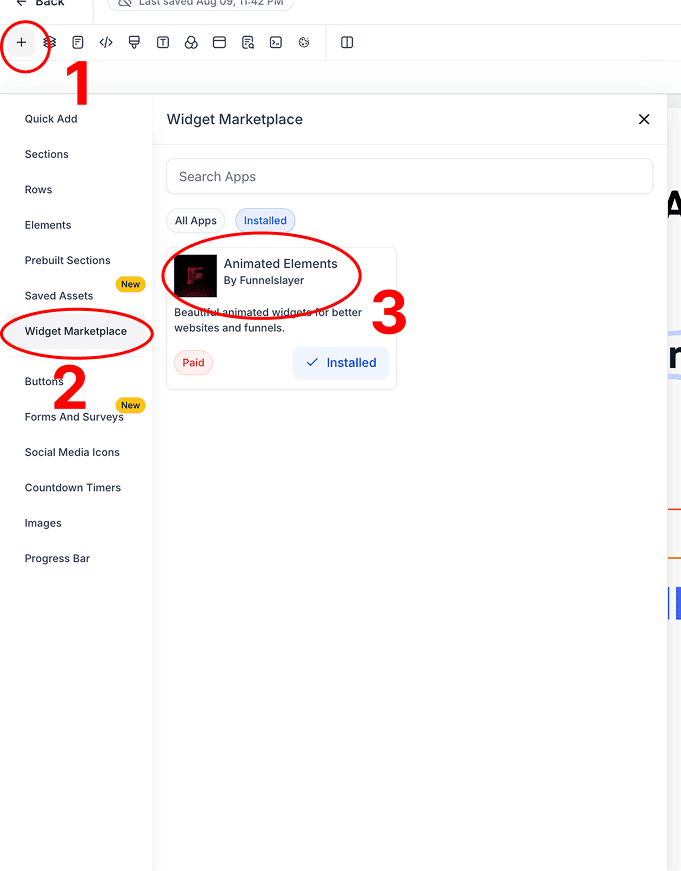 The page builder with the add element button, the Widget Marketplace menu item, and the installed Animated Elements widget circled