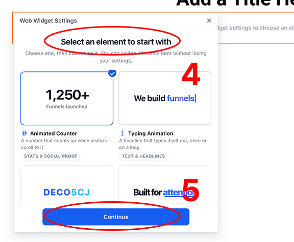 The Web Widget Settings modal showing the element gallery with Animated Counter and Typing Animation, and the Continue button circled