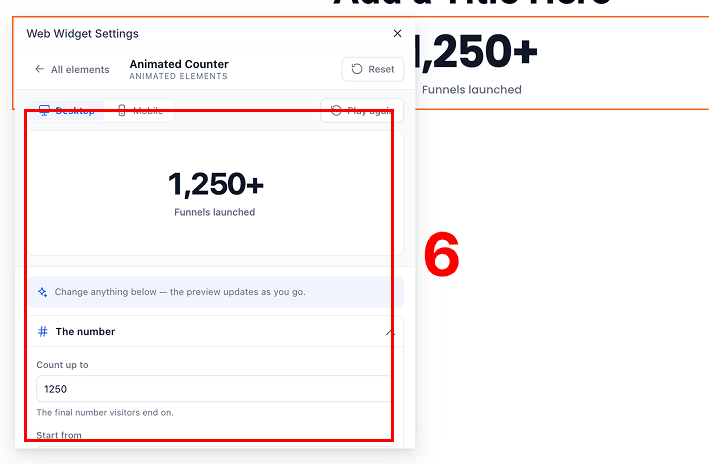 The Animated Counter settings panel with a live desktop preview above the controls