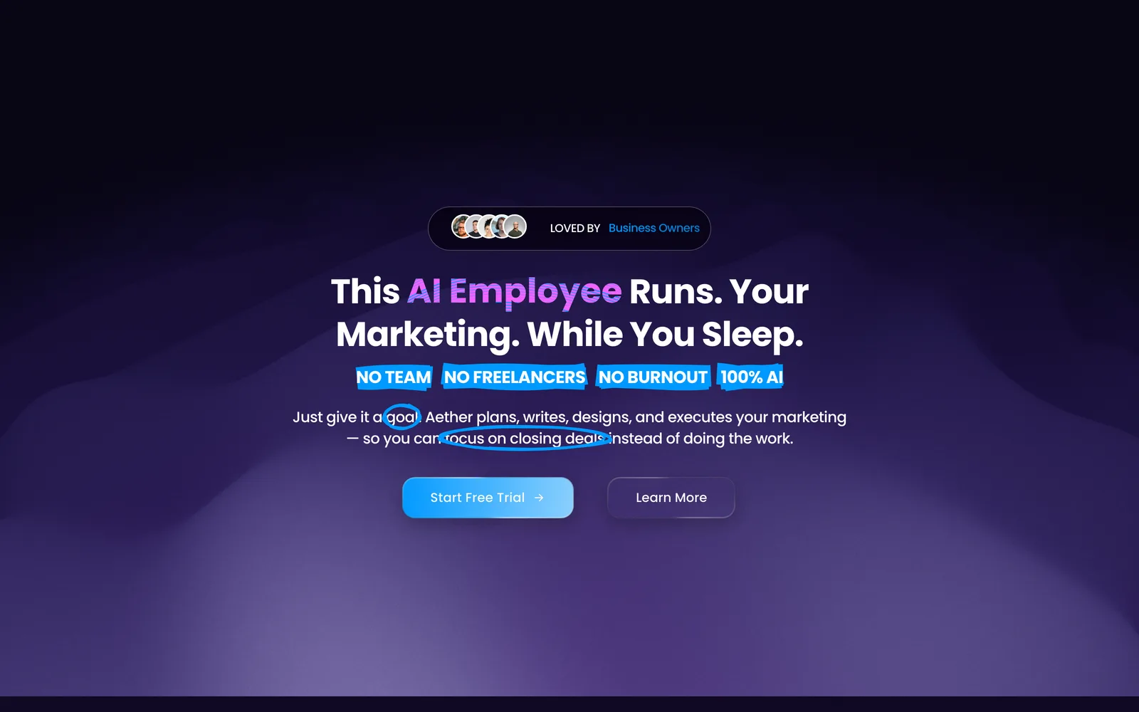Hero of the Aether AI GoHighLevel funnel template, with the headline "This AI Employee Runs. Your Marketing. While You Sleep." over a violet gradient wave, above four highlighted badges and a Start Free Trial button.