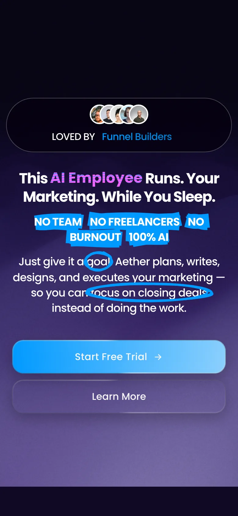 The same sales page on a phone, with the social proof pill, headline, badges and both CTAs stacked for a narrow screen.