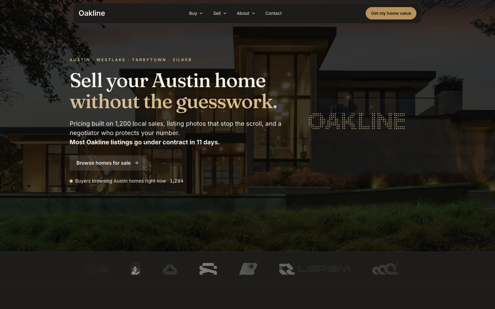 Hero of the Oakline GoHighLevel real estate funnel template, with the headline "Sell your Austin home without the guesswork." over a twilight photo of a modern home, a Browse homes for sale button and a live count of buyers browsing.