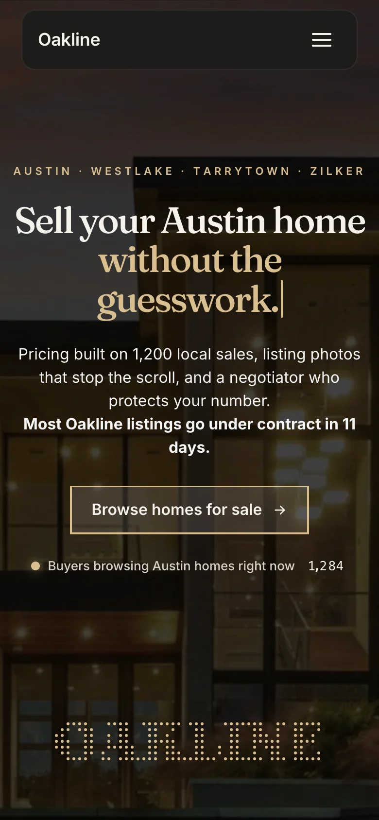 Phone view of the Oakline real estate funnel hero, with the menu collapsed, the headline "Sell your Austin home without the guesswork." centered and a full-width Browse homes for sale button.