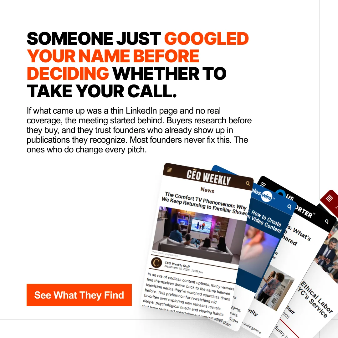 Static ad: "Someone just googled your name before deciding whether to take your call," over a fan of news articles.