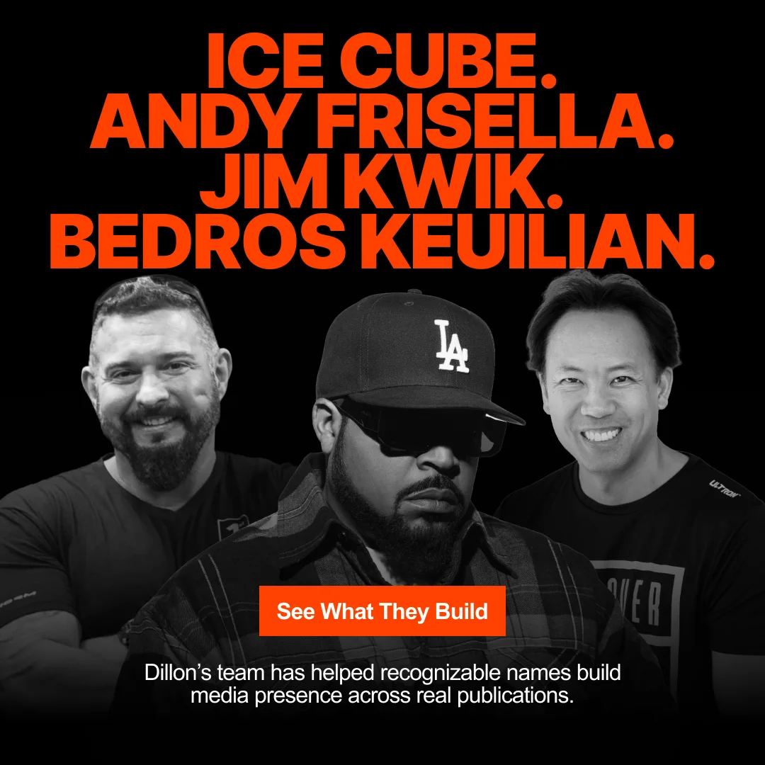 Static ad listing Ice Cube, Andy Frisella, Jim Kwik and Bedros Keuilian, with their photos and a See What They Build button.