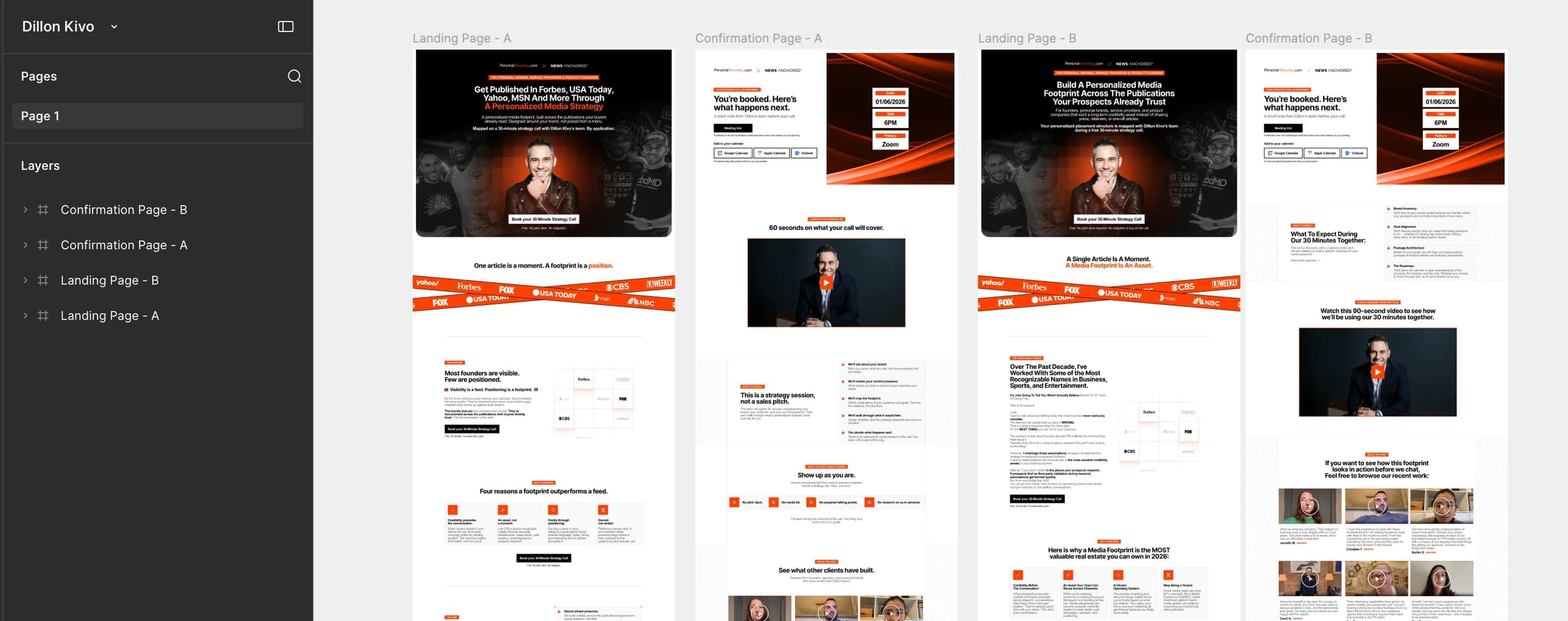 The Figma file: two landing page designs and two confirmation page designs for Dillon Kivo, side by side.