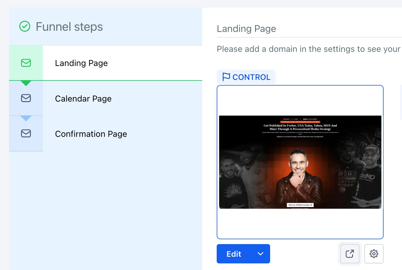 The funnel in GoHighLevel: landing page, calendar page and confirmation page, with the landing page marked as the control.