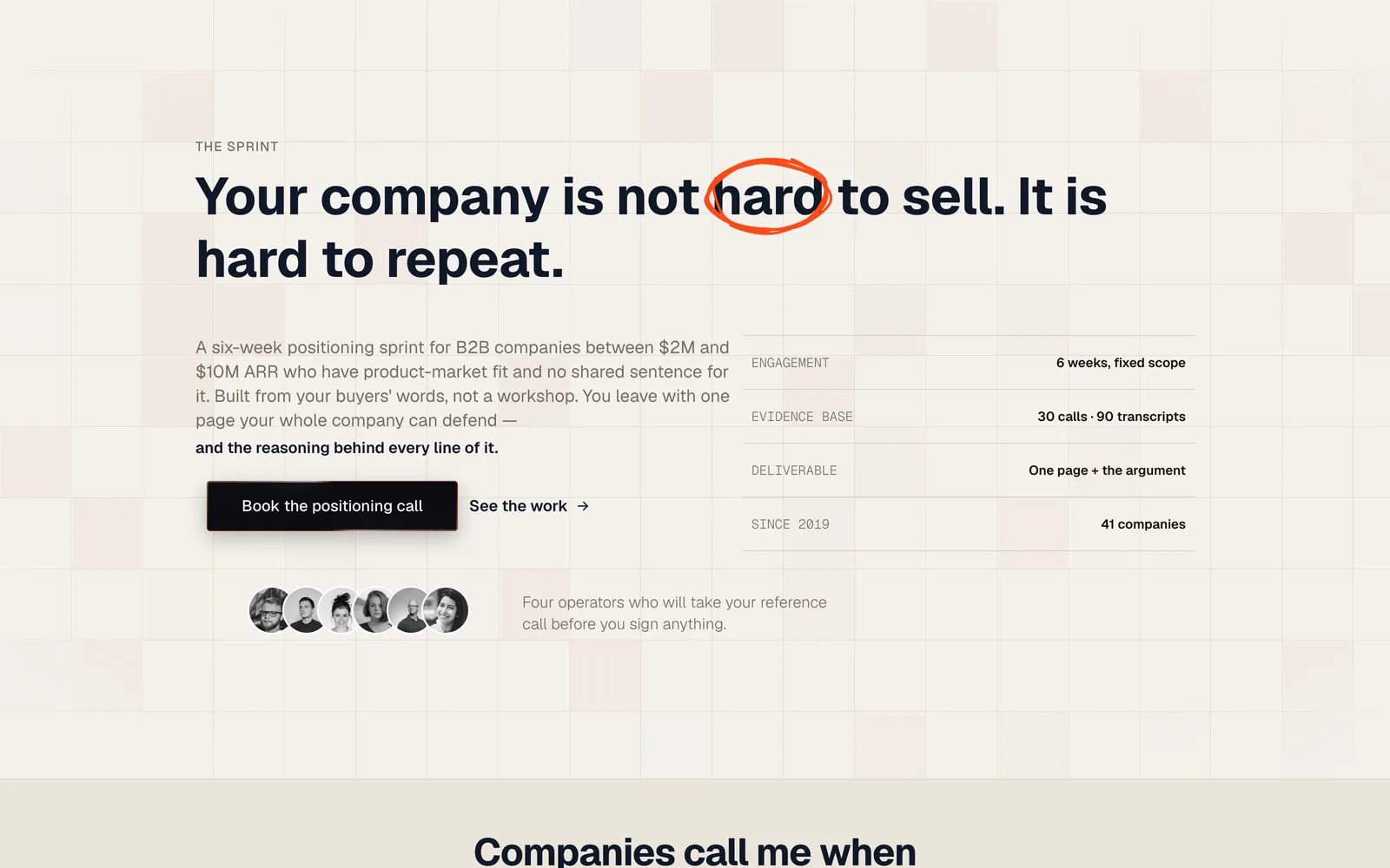 Hero of the Northfield Positioning GoHighLevel template, with the headline "Your company is not hard to sell. It is hard to repeat." over a cream flickering grid, beside a four-row facts table.