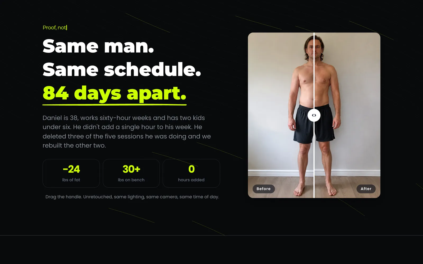 Before and after comparison slider section with fat loss, strength and time-added figures beside it.