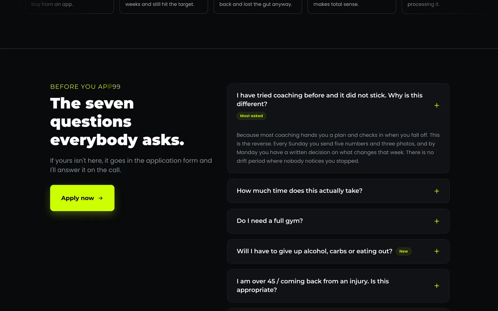 FAQ accordion headed "The seven questions everybody asks", with objection-handling answers.