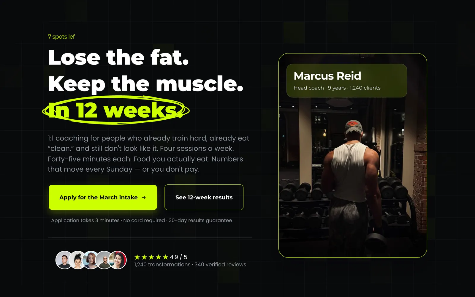 Hero section of the Ironclad Performance GoHighLevel funnel template, with the headline "Lose the fat. Keep the muscle. In 12 weeks." over a dark animated grid.