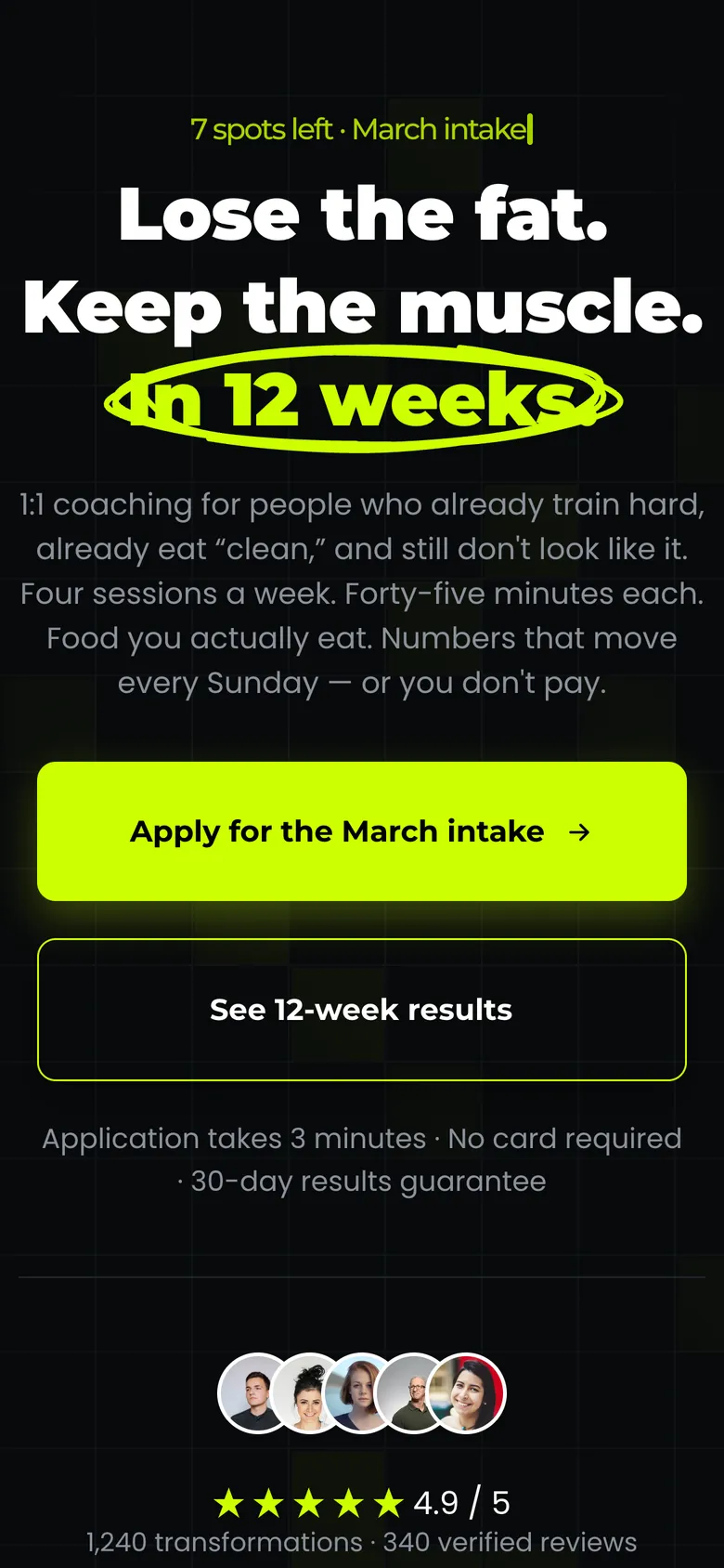The same offer page on a phone, with the headline, CTA and proof row stacked for a narrow screen.