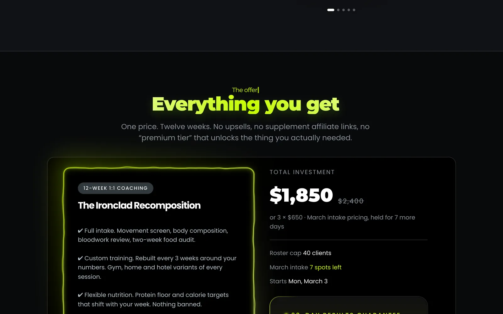 The offer stack section listing what is included, with a $1,850 price against a $2,400 anchor and a payment plan.