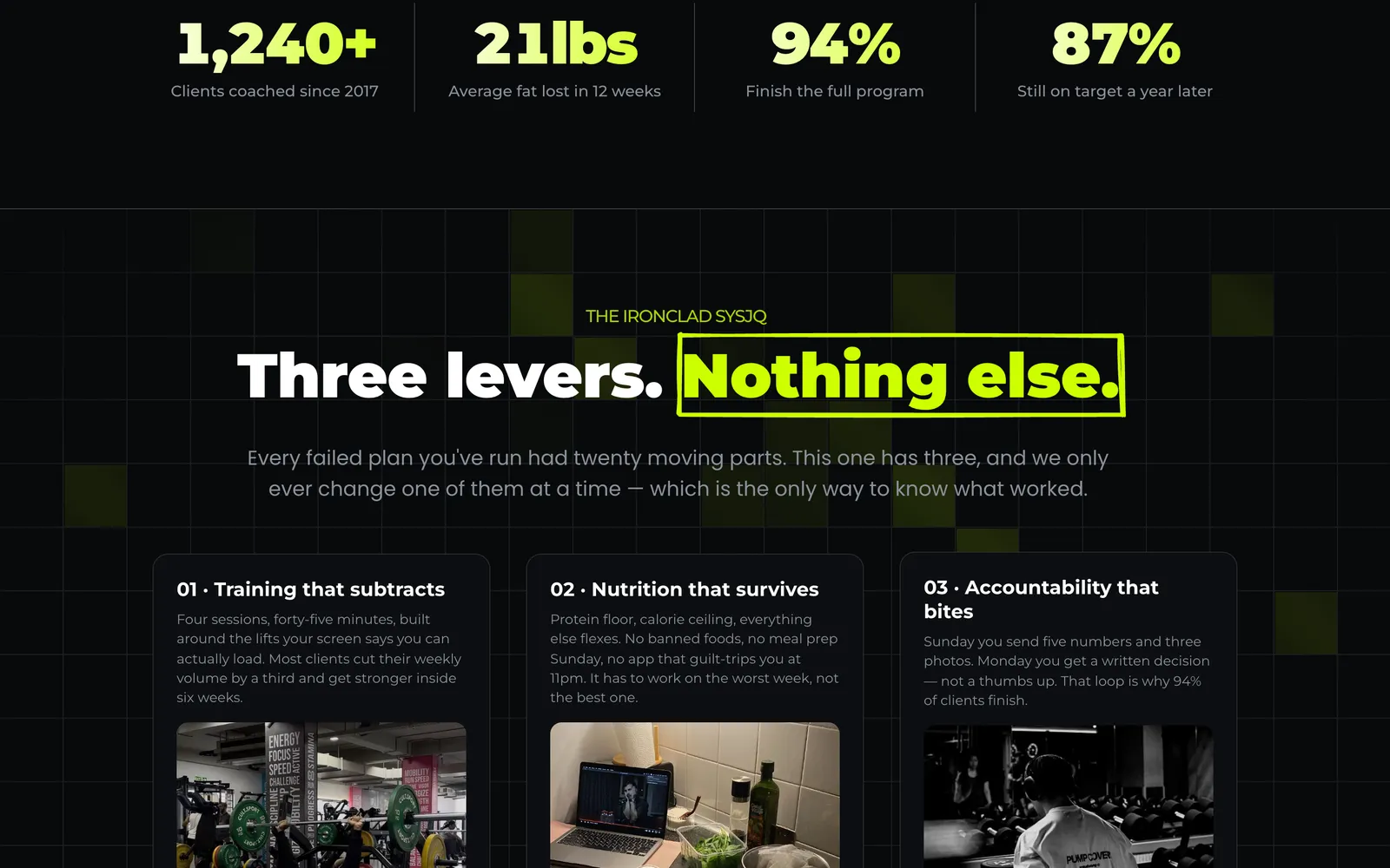 The three-lever mechanism section: training, nutrition and accountability, each in its own card.