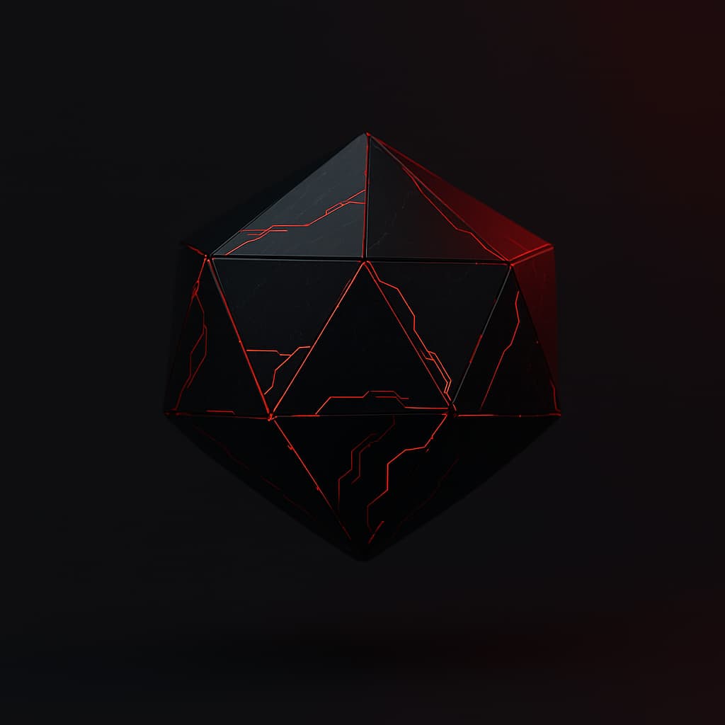 Obsidian icosahedron with glowing red seams